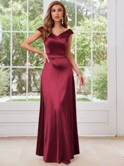 Satin V-Neck Fit-and-Flare Evening Dress